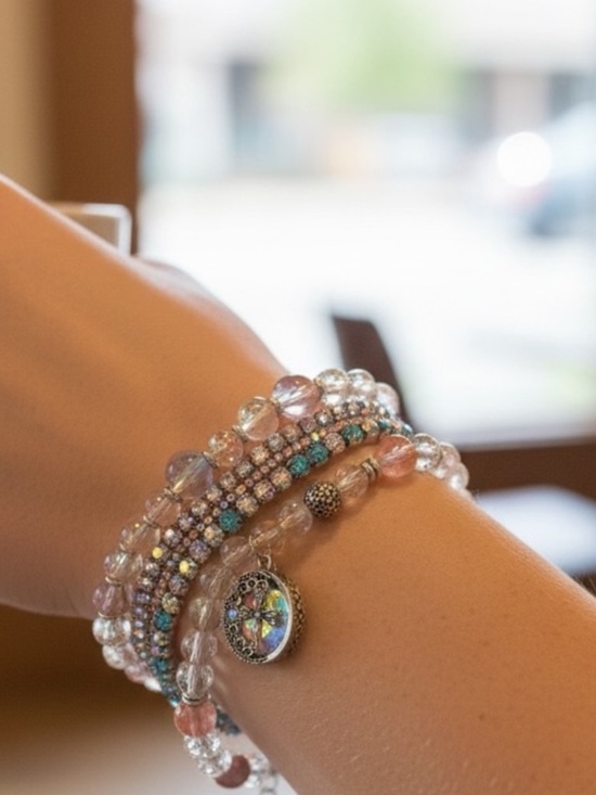 Jewelry - Multi-Strand Crystal Bead Bracelet with Iridescent Charm - Pink & Turquoise